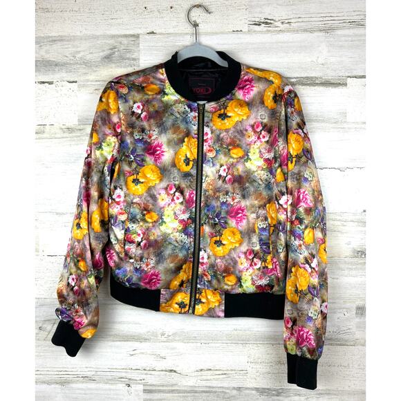 Yoki Women’s Large Yellow Floral Satin Bomber Jacket Zip Up Lightweight Colorful - Picture 2 of 7